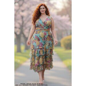 Y2K Adrianna Papell Silk Midi Dress 14 Blue Tiered Babydoll Romantic 100% Silk